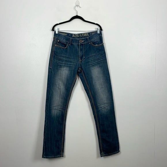 Ring Of Fire Slim Straight Jeans Mens 32/32 Blue Denim 5 Pocket Relaxed Pants - Picture 1 of 8